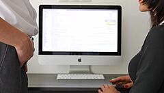 amateur secretary gives handjob to boss huge cumshot in mouth with red lips.