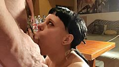 She gives a quick cumshot in this blowbang with big cocks