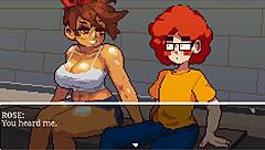 Gym buddies in hentai game where muscular girl enjoys post-training relaxation.