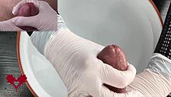 OMG, feel this glans handjob in white latex gloves up close!