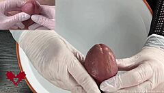 OMG, feel this glans handjob in white latex gloves up close!