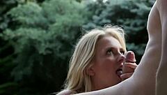 Pretty blonde gives a great blowjob to her friend’s cock