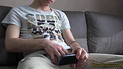 European teen hunk masturbates his uncut cock to a high definition cumshot