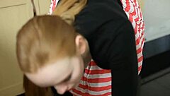 Redhead Downblouse Voyeur with Pale Saggy Boobs!