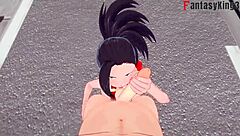 Momo Yaoyorozu in action in the streets with a Boku no Hero short on red