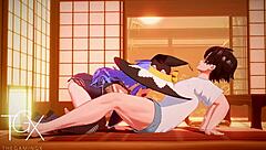 roxy plays anime hentai game with sexy outfits