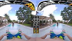 Beautiful black beauty gets some poolside pleasure in virtual reality.