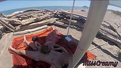 Exhibitionist European MILF Teacher Gives Handjob To Big Cock On Nude Beach In Front Of Voyeur