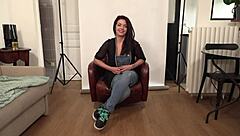 Interview with french brunette actress before scene